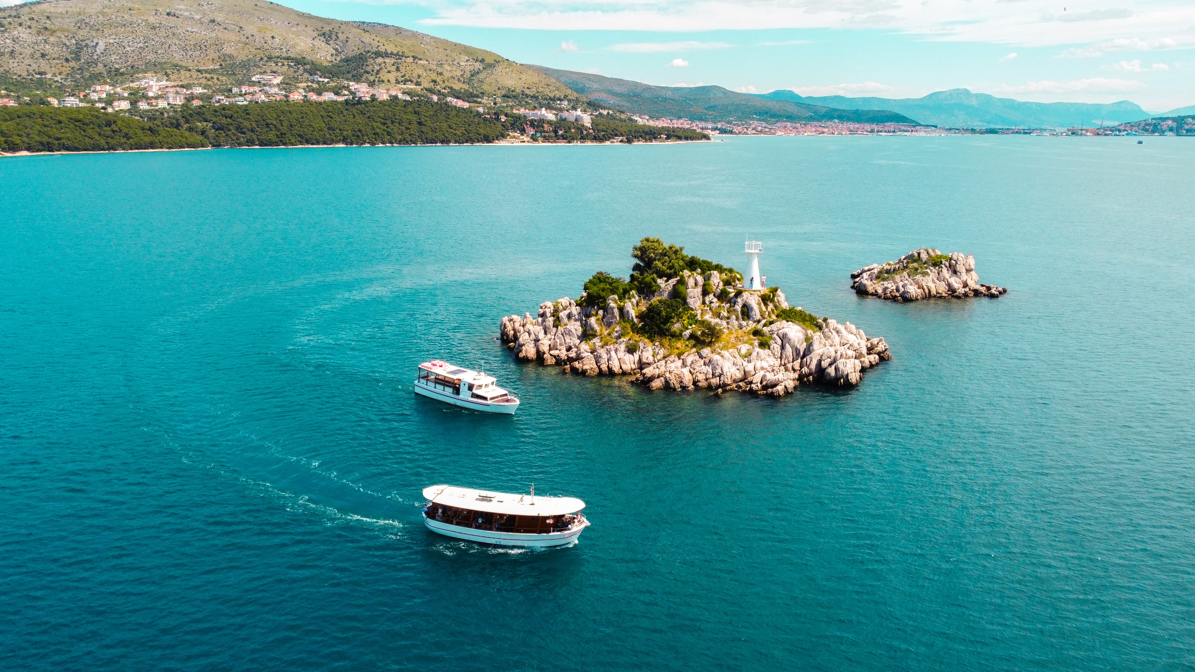MB Žižula from above, moored in turquoise water off Čiovo